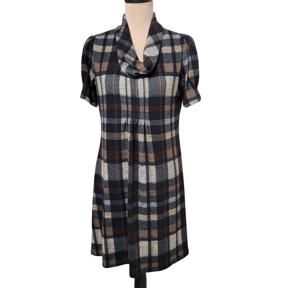 Jessica Howard Size M Brown Black Tan Cream Plaid Cowl Neck Flannel Dress - Picture 1 of 13